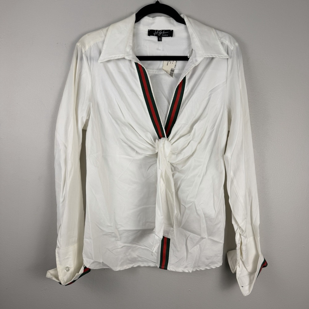 Jeff Gallano Paris Shirt Women 3 (M) White Long Sleeve Collared Ribbon Tie-Front